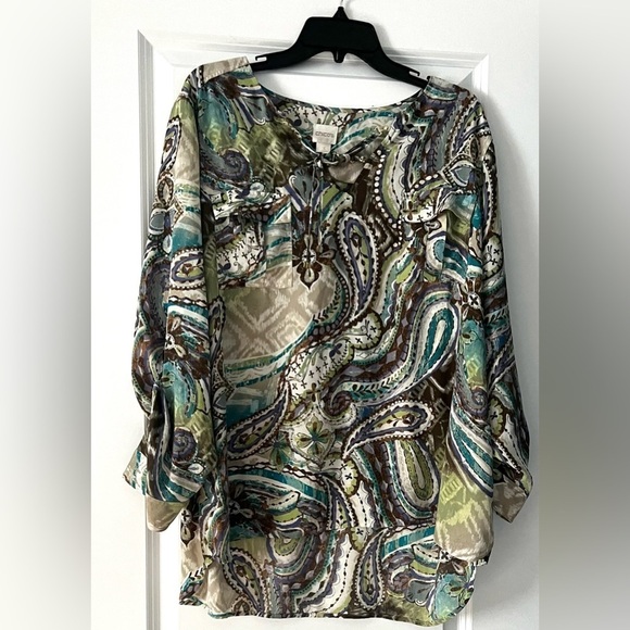 Chico's Women's Taupe Green Turquoise Paisley Lace Up Tie Neck Blouse Top - Picture 2 of 11